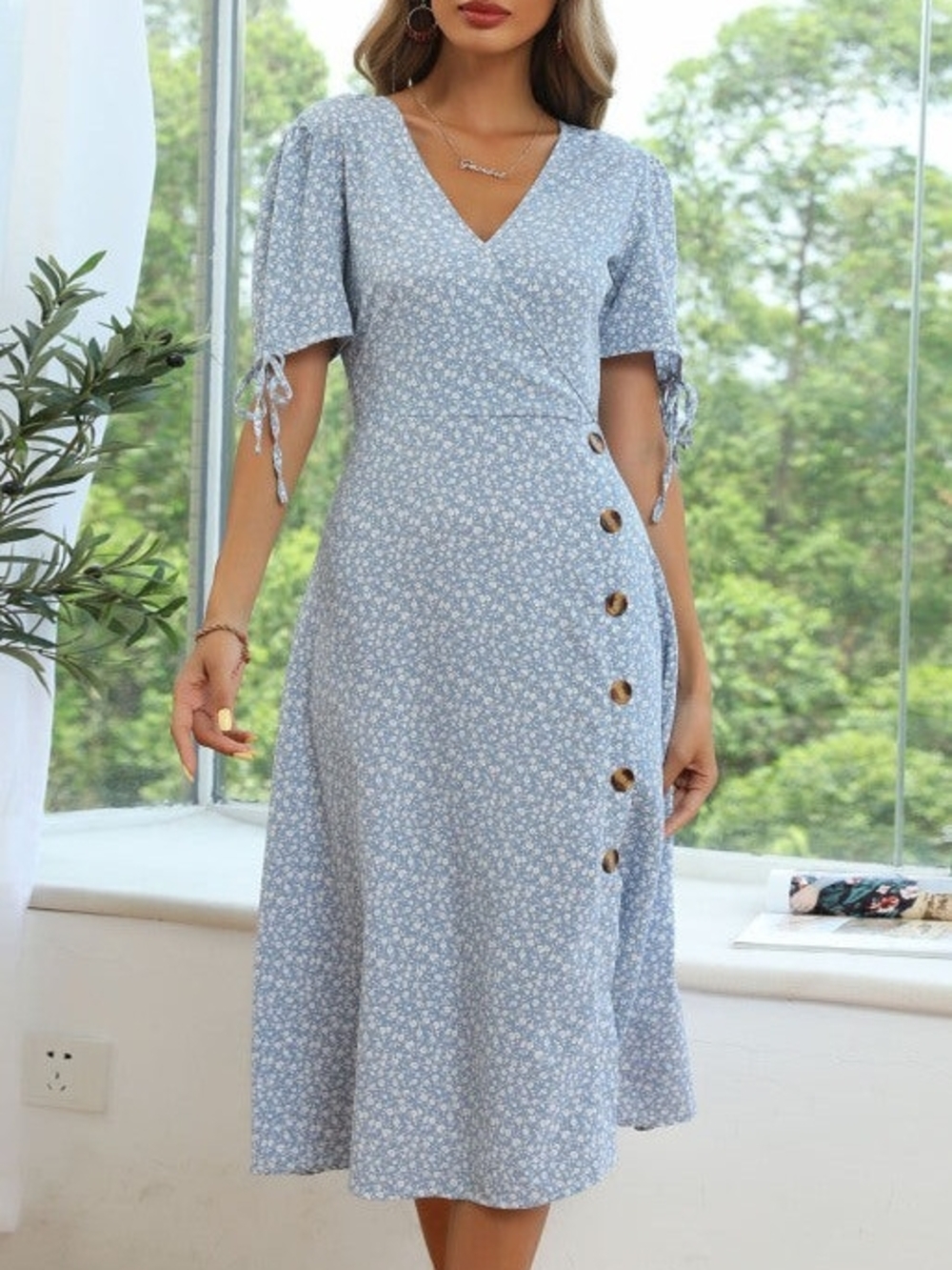 NEW Blue Floral Summer Casual Midi Dress Retro Boho Cottage Prairie Modest  XL
